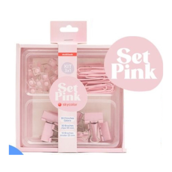 SET SKYCOLOR PINK 3X1 CHINCHES + BROCHES CLIPS 50MM+BROCHES