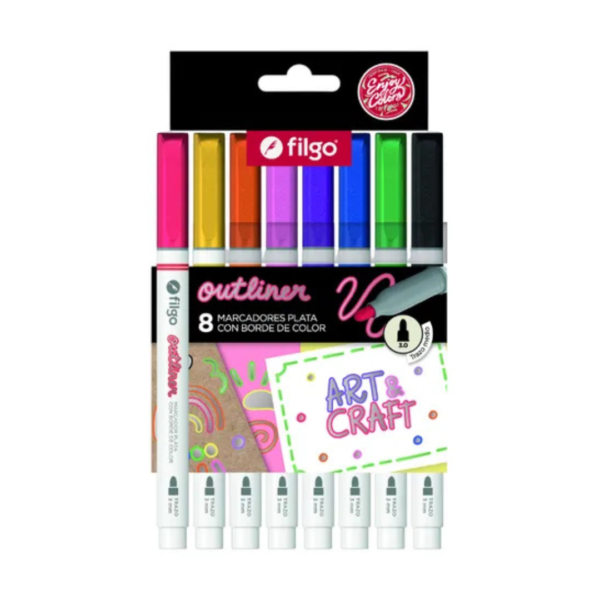 FIBRA FILGO TINTA OUTLINER PLATA C/BORDE X8